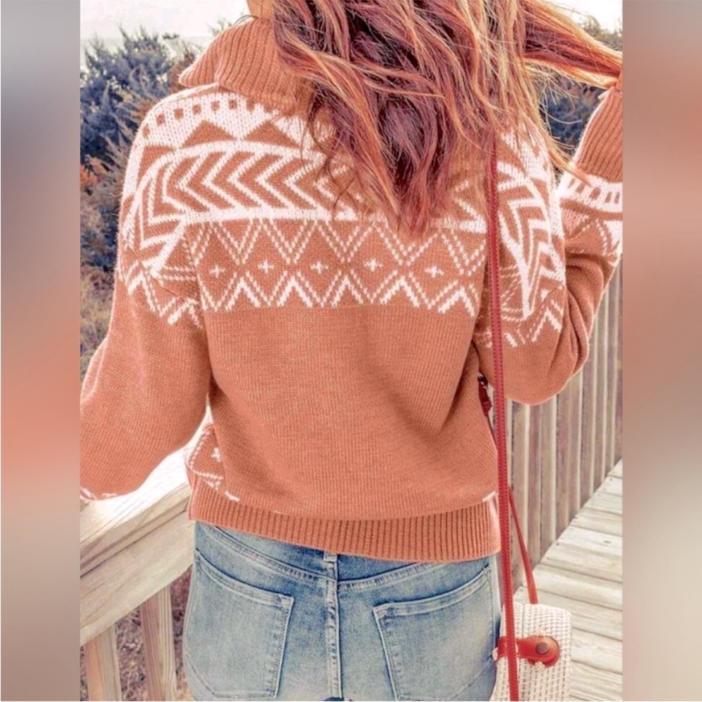 NWT, Western Southwest Classy Half Zip Pullover Sweater Top Dusty Pink White - Picture 3 of 8